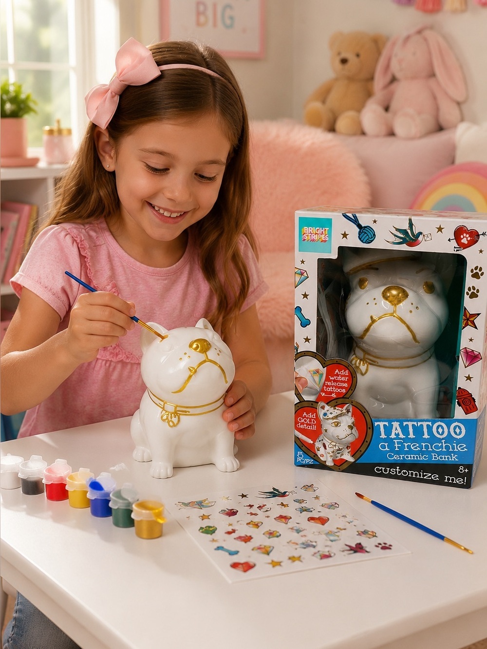 Bright Stripes Tattoo a Frenchie Ceramic Bank DIY Craft Kit | Piggy Bank